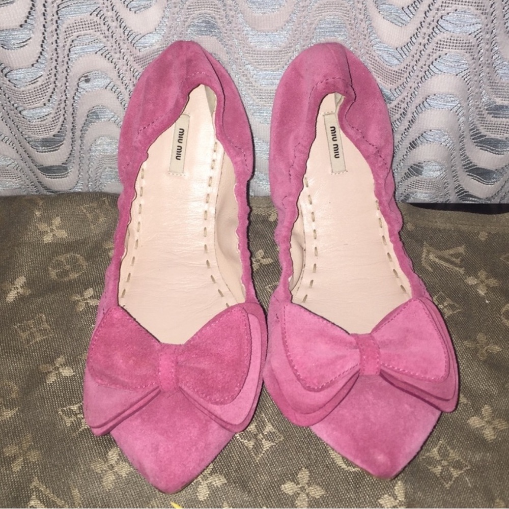 Miu Miu Pink Suede Bow Pointed-Toe Flats